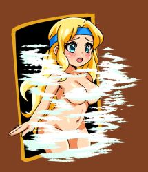 Rule 34 | 1girl, bandages, blonde hair, blue eyes, blush, breasts, brown background, celes chere, censored nipples, chadarnook, convenient censoring, female focus, final fantasy, final fantasy vi, headband, long hair, nude, open mouth, square enix, steam, steam censor