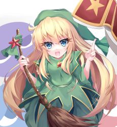 Rule 34 | 1girl, :d, absurdres, blonde hair, blue eyes, book, breasts, brooch, broom, broom ribbon, cowboy shot, fingers together, green headwear, green ribbon, green shirt, green skirt, highres, holding, holding broom, jewelry, long hair, long sleeves, looking at viewer, open book, open mouth, puyopuyo, red brooch, ribbon, s vileblood, shirt, skirt, small breasts, smile, solo, star (symbol), witch (puyopuyo)