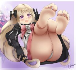 Rule 34 | 1girl, armor, armored dress, artist name, ass, black bow, black gloves, blonde hair, blush, border, bow, bowtie, dress, drill hair, elise (fire emblem), ethan(33327245), feet, feet up, female focus, fire emblem, fire emblem fates, foot focus, gloves, hair bow, highres, legs together, long hair, long sleeves, looking at viewer, lying, nintendo, on back, open mouth, panties, pink bow, purple eyes, shiny skin, sidelocks, signature, smile, solo, thighs, toes, twin drills, twintails, underwear, v, very long hair, white panties