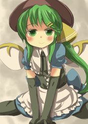 Rule 34 | 1girl, adapted costume, blush, bow, daiyousei, elbow gloves, fairy wings, gaoo (frpjx283), gloves, gothic lolita, green eyes, green hair, hair bow, hair ornament, hairpin, hat, highres, lolita fashion, long hair, matching hair/eyes, pantyhose, side ponytail, solo, touhou, wings