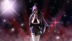 Rule 34 | ahoge, grey eyes, highres, kotonoha haruko, lonely, long hair, my summer adventure - memories of another life, non-web source, purple hair, rock, solo, sparkle, visual novel