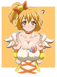 Rule 34 | 00s, 1girl, ?, blush, breasts, breasts squeezed together, choker, cleavage, collarbone, cure pine, double v, earrings, fresh precure!, hair ornament, heart, heart hair ornament, hokuto (tokuho), jewelry, large breasts, matching hair/eyes, orange eyes, orange hair, precure, side ponytail, simple background, solo, sweatdrop, v, yamabuki inori