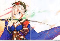 Rule 34 | 1girl, absurdres, bare shoulders, blue eyes, blue kimono, blush, breasts, cleavage, closed mouth, detached sleeves, earrings, fate/grand order, fate (series), fingernails, gradient background, hair ornament, halterneck, hand on own hip, highres, holding, holding sword, holding weapon, japanese clothes, jewelry, katana, kimono, large breasts, looking at viewer, magatama, medium breasts, miyamoto musashi (fate), miyamoto musashi (third ascension) (fate), navel, over shoulder, pink hair, ponytail, sash, scan, sheath, sheathed, shiny skin, simple background, smile, solo, sword, toosaka asagi, upper body, weapon, weapon over shoulder, wide sleeves