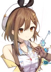 Rule 34 | 1girl, armpit crease, atelier (series), atelier ryza, atelier ryza 1, bao (s 888), bare shoulders, beret, black choker, black ribbon, braid, breasts, brown eyes, brown gloves, brown hair, choker, cleavage, collared shirt, commentary request, crown braid, double-parted bangs, eyelashes, gloves, hair between eyes, hair ornament, hair ribbon, hairclip, hat, highres, holding, holding key, key, lips, looking at viewer, medium breasts, medium hair, off shoulder, reisalin stout, ribbon, shirt, simple background, smile, solo, star (symbol), star ornament, suspenders, upper body, white background, white hat, white shirt, x hair ornament