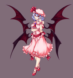 Rule 34 | 1girl, absurdres, adapted costume, ankle cuffs, ascot, bad id, bad nicoseiga id, bare shoulders, blue hair, breast hold, breasts, brooch, center frills, commentary, cross-laced footwear, detached sleeves, dress, fangs, fangs out, frilled shirt collar, frills, full body, grey background, hair between eyes, hand up, hat, hat ribbon, head tilt, high heels, highres, jewelry, looking at viewer, medium breasts, mob cap, multiple wings, parted lips, pink dress, pink hat, pink lips, pointy ears, puffy short sleeves, puffy sleeves, red ascot, red eyes, red footwear, red ribbon, red sash, remilia scarlet, ribbon, sash, short hair, short sleeves, simple background, solo, standing, touhou, v-shaped eyebrows, wings, wrist cuffs, zellam