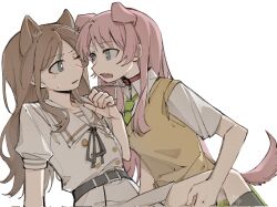 Rule 34 | animal ears, bang dream!, bang dream! it&#039;s mygo!!!!!, belt, black ribbon, black socks, blue eyes, bright pupils, brown hair, brown sweater vest, cat ears, chihaya anon, chinese commentary, collar, collar tug, commentary request, dog ears, dog girl, dog tail, fang, green necktie, hand on another&#039;s thigh, highres, kemonomimi mode, kneehighs, long hair, nagasaki soyo, neck ribbon, necktie, pink hair, ribbon, school uniform, shirt, short sleeves, simple background, skirt, socks, sweater vest, tail, white background, white pupils, white shirt, white skirt, yanlingjinshilihuahua