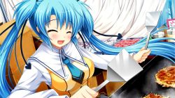 Rule 34 | 1girl, blue hair, blush, breasts, cooking, curtains, closed eyes, food, game cg, happy, hitotsu tobashi ren&#039;ai, long hair, necktie, open mouth, school uniform, smile, solo, sonohara aori, spatula, standing, twintails
