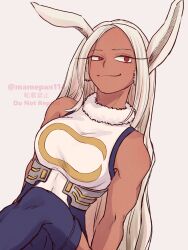 Rule 34 | 1girl, armpits, arms at sides, artist name, bare shoulders, boku no hero academia, breasts, collarbone, collared leotard, crescent moon, crescent moon symbol, crossed legs, dark-skinned female, dark skin, female focus, high collar, highres, huge filesize, knee up, large breasts, legs, leotard, long eyelashes, long hair, looking to the side, mamepan114, mirko, moon, neck, no bra, parted bangs, rabbit ears, rabbit girl, red eyes, sidelocks, simple background, sitting, skin tight, sleeveless, sleeveless leotard, smirk, smug, thighhighs, thighs, tight clothes, toned, toned female, white hair, white leotard