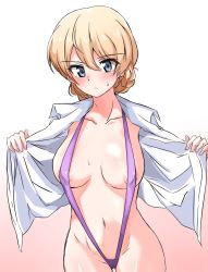 Rule 34 | 1girl, areola slip, blonde hair, blue eyes, blush, braid, breasts, closed mouth, collarbone, commentary, cowboy shot, darjeeling (girls und panzer), dress shirt, girls und panzer, groin, highres, large breasts, light frown, looking at viewer, momonosuke (u-ma991028), navel, one-piece swimsuit, open clothes, open shirt, opened by self, purple one-piece swimsuit, purple slingshot swimsuit, shirt, short hair, simple background, slingshot swimsuit, solo, standing, sweat, sweatdrop, swimsuit, swimsuit under clothes, twin braids, undressing, white background, white shirt