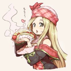 Rule 34 | 10s, 1girl, blonde hair, blush, breasts, cleavage, cleavage cutout, clothing cutout, diola (granblue fantasy), food, granblue fantasy, green eyes, hat, heart, heart-shaped pupils, holding, holding food, hot dog, long hair, long sleeves, looking at viewer, medium breasts, open mouth, randou, sexually suggestive, solo, steam, symbol-shaped pupils, tongue, tongue out, translation request, upper body, wide sleeves
