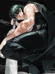 Rule 34 | 1girl, absurdres, black background, black pants, cape, closed mouth, feet out of frame, from below, green hair, highres, jujutsu kaisen, looking at viewer, mutumipketto, pants, scar, scar on arm, scar on face, short hair, sleeveless, solo, sword, weapon, zen&#039;in maki