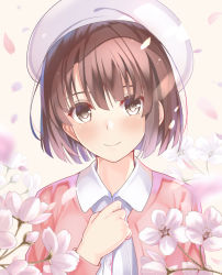 Rule 34 | 1girl, beret, blush, brown background, brown eyes, brown hair, cherry blossoms, closed mouth, collared shirt, commentary request, dress shirt, eyebrows hidden by hair, flower, hair between eyes, hand up, hat, highres, jacket, katou megumi, long sleeves, looking at viewer, mishiro (ixtlolton), open clothes, open jacket, petals, pink jacket, saenai heroine no sodatekata, shirt, short hair, smile, solo, upper body, white flower, white hat, white shirt