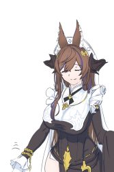 Rule 34 | 1girl, animal ears, asymmetrical clothes, breasts, brown hair, closed eyes, detached sleeves, eudoxia, frilled sleeves, frills, galleon (granblue fantasy), gameplay mechanics, gloves, granblue fantasy, highres, horns, large breasts, long hair, multicolored hair, solo, streaked hair, very long hair, white background, white gloves