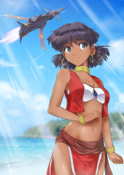 Rule 34 | 1girl, absurdres, alternate hair color, bandeau, bare shoulders, beach, black hair, blue sky, blurry, blurry background, bob cut, bracelet, breasts, brown sash, closed mouth, cloud, collarbone, commentary, cowboy shot, curled fingers, dark-skinned female, dark skin, day, depth of field, earrings, eyelashes, foliage, fushigi no umi no nadia, green eyes, hair ornament, hairclip, highres, hoop earrings, jewelry, light rays, light smile, loincloth, looking afar, looking to the side, memory (prophet5), midriff, midriff peek, nadia la arwall, nautilus (nadia), navel, neck ring, ocean, open clothes, open vest, outdoors, pelvic curtain, red vest, short hair, sky, small breasts, smile, solo, spacecraft, standing, sunbeam, sunlight, thighs, vest, white bandeau