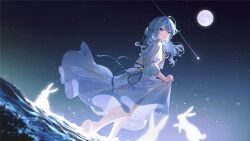 Rule 34 | 1girl, absurdres, blue eyes, blue hair, closed mouth, commentary request, dress, frilled dress, frills, full body, full moon, highres, hkina7, hololive, hoshimachi suisei, long hair, looking back, moon, night, night sky, official art, puffy short sleeves, puffy sleeves, rabbit, shooting star, short sleeves, skirt hold, sky, smile, solo, star (sky), starry sky, tassel, virtual youtuber, water, wavy hair, white dress