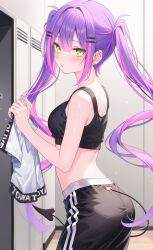 Rule 34 | ass, bare arms, bare shoulders, black shorts, black sports bra, blush, breasts, commentary request, demon girl, demon tail, ear bar, ear piercing, green eyes, hair between eyes, hair ornament, hairclip, highres, holding, holding clothes, holding shirt, hololive, hololive dance practice uniform, locker, locker room, long hair, looking at viewer, medium breasts, midriff, open mouth, piercing, purple hair, sakura yunuto, shirt, short shorts, shorts, sports bra, tail, tokoyami towa, twintails, unworn shirt, virtual youtuber, white shirt