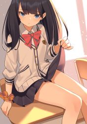 Rule 34 | 10s, 1girl, black hair, black skirt, blue eyes, blush, bow, cardigan, chair, classroom, clothes lift, collared shirt, desk, gridman universe, indoors, kildir, lifted by self, long hair, long sleeves, looking at viewer, orange scrunchie, pleated skirt, red bow, school desk, school uniform, scrunchie, shirt, sitting, skirt, skirt lift, solo, ssss.gridman, takarada rikka, thighs, white cardigan, white shirt, wrist scrunchie