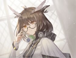 Rule 34 | 1girl, adjusting eyewear, arknights, armband, brown eyes, brown hair, closed mouth, coat, feather hair, glasses, short hair, silence (arknights), smile, solo, teeth, touchika, upper body, white coat