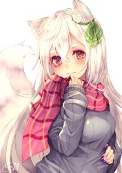 Rule 34 | 1girl, animal ear fluff, animal ears, blush, bow, breasts, chita (ketchup), closed mouth, commentary request, fox ears, fox girl, fox tail, green bow, grey hair, grey sweater, hair between eyes, hair bow, hand on own hip, head tilt, highres, long hair, long sleeves, looking at viewer, medium breasts, nail polish, original, plaid, plaid scarf, purple nails, red eyes, red scarf, ribbed sweater, scarf, short eyebrows, signature, simple background, sleeves past wrists, solo, sweater, tail, tail raised, thick eyebrows, very long hair, white background