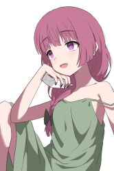 Rule 34 | 1girl, black bow, black nails, blunt bangs, bocchi the rock!, bow, braid, commentary request, dress, fang, green dress, hair bow, hair over shoulder, halulu, highres, hiroi kikuri, holding, knee up, looking afar, looking ahead, open mouth, pink hair, purple eyes, simple background, single bare shoulder, single braid, sleeveless, sleeveless dress, solo, spaghetti strap, strap slip, white background