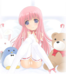 Rule 34 | 1girl, gloves, hide (rightstuff annex), long hair, looking at viewer, pink hair, pussy, solo, stuffed animal, stuffed toy, teddy bear, thighhighs, uncensored, white thighhighs