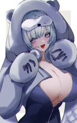 Rule 34 | 1girl, blush, breasts, cleavage, commentary, eyelashes, gloves, goddess of victory: nikke, grey hair, hat iue, highres, hood, hood up, huge breasts, large breasts, long sleeves, looking to the side, mole, mole on breast, neve (nikke), open mouth, purple eyes, short hair, simple background, smile, solo, upper body, white background
