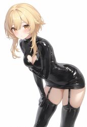 Rule 34 | 1girl, ai-assisted, amiki 2, black bodysuit, black thighhighs, blonde hair, blush, bodysuit, breasts, cleavage cutout, clip studio paint (medium), clothing cutout, cowboy shot, dot mouth, expressionless, genshin impact, hair between eyes, heart cutout, highres, latex, latex bodysuit, looking at viewer, lumine (genshin impact), medium breasts, orange eyes, short hair, short hair with long locks, sidelocks, simple background, solo, standing, thighhighs, white background