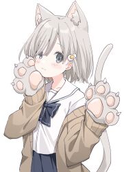 Rule 34 | 1girl, animal ear fluff, animal ears, animal hands, black bow, black bowtie, black skirt, bow, bowtie, brown jacket, cat ears, cat girl, cat paws, cat tail, closed mouth, egg hair ornament, food-themed hair ornament, gloves, grey eyes, grey hair, grey tail, hair ornament, highres, jacket, long sleeves, looking at viewer, original, paw gloves, pleated skirt, sailor collar, school uniform, sentouryoku 5, serafuku, short hair, simple background, skirt, solo, tail, tail raised, upper body, white background, white sailor collar, white serafuku