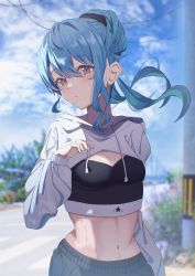 Rule 34 | 1girl, alternate hairstyle, blue eyes, blue hair, breasts, casual, crop top, highres, hololive, hood, hoodie, hoshimachi suisei, long hair, maria onnette, midriff, navel, ponytail, small breasts, solo, sports bra, star (symbol), star in eye, sweat, symbol in eye, virtual youtuber