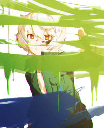 Rule 34 | arm at side, jumpsuit, kuga yuuma, long sleeves, looking at viewer, male focus, mirin chikuwa, o3o, outstretched arm, paint, pocket, pointing, pointing at viewer, red eyes, solo, upper body, white background, white hair, world trigger