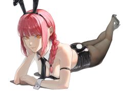 Rule 34 | 1girl, alternate costume, animal ears, ano (gccx8784), arm support, ass, bare shoulders, black leotard, black necktie, black pantyhose, braid, breasts, chainsaw man, cleavage, detached collar, fake animal ears, highres, leotard, light smile, looking at viewer, lying, makima (chainsaw man), medium breasts, necktie, on stomach, orange eyes, pantyhose, playboy bunny, rabbit ears, red hair, ringed eyes, solo, white background, wrist cuffs
