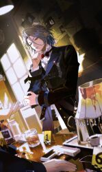 Rule 34 | 1boy, absurdres, alcohol, bartender, belt, black belt, black jacket, blue hair, bow, bowtie, brown pants, closed mouth, ensemble stars!, expressionless, formal, glass, highres, himeru (ensemble stars!), intoblue09, jacket, lamp, light blue hair, male focus, newspaper, pants, red bow, red bowtie, shirt, short hair, solo, white shirt, window, yellow eyes