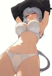 Rule 34 | 1girl, absurdres, armpits, arms up, black shirt, blush, bra, breasts, breath, cameltoe, cleavage, closed eyes, commentary, cowboy shot, english commentary, facing viewer, from below, gluteal fold, grey hair, highres, large breasts, long hair, navel, original, panties, parted lips, ponytail, rusellunt, shirt, simple background, smile, solo, standing, stomach, sweat, underwear, underwear only, undressing, white background, white bra, white panties