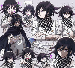 Rule 34 | 1boy, angry, aoki (fumomo), buttons, cape, checkered clothes, checkered scarf, crying, danganronpa (series), danganronpa v3: killing harmony, closed eyes, hat, long sleeves, male focus, matching hair/eyes, open mouth, oma kokichi, pants, purple eyes, purple hair, scarf, short hair, smirk, solo, text focus