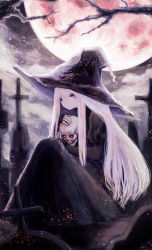 Rule 34 | 1girl, bare tree, black dress, black hat, cloud, commentary request, cross, dress, full body, glowing, glowing eyes, graveyard, hair between eyes, hand on another&#039;s head, hat, isa yuuri, juliet sleeves, knees up, long hair, long sleeves, looking at viewer, moon, on ground, original, outdoors, puffy sleeves, red eyes, red moon, sitting, skull, solo, tombstone, tree, white hair, witch, witch hat