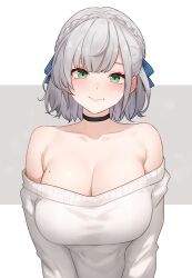 Rule 34 | 1girl, absurdres, black choker, bluefield, braid, breasts, choker, cleavage, closed mouth, crown braid, green eyes, grey background, grey hair, hashtag-only commentary, highres, hololive, large breasts, looking at viewer, mole, mole on breast, off-shoulder sweater, off shoulder, official alternate costume, official alternate hairstyle, shirogane noel, shirogane noel (casual), simple background, smile, solo, sweater, two-tone background, upper body, virtual youtuber, white background, white sweater