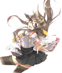 Rule 34 | 10s, 1girl, :d, bad id, bad pixiv id, bespectacled, blue eyes, boots, detached sleeves, glasses, hairband, highres, kantai collection, kongou (kancolle), open mouth, outstretched hand, ribbon-trimmed sleeves, ribbon trim, semi-rimless eyewear, skirt, smile, solo, thigh boots, thighhighs, tomo futoshi, under-rim eyewear