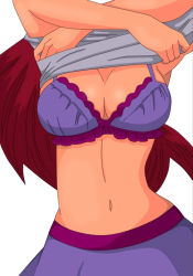 Rule 34 | 1girl, arms up, bra, breasts, cleavage, erza scarlet, fairy tail, flowerinhell, grey shirt, head out of frame, large breasts, long hair, navel, purple bra, purple skirt, red hair, removing shirt, shirt, skirt, standing, underwear, undressing, view between breasts, white background