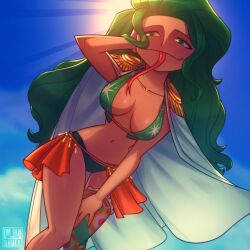 Rule 34 | 1girl, absurdres, backlighting, bikini, blue sky, boa sandersonia, breasts, cape, cloud, collarbone, commentary, english commentary, epaulettes, forked tongue, from below, green bikini, green eyes, grey hair, hand in own hair, highres, immrskull, large breasts, navel, one piece, single thighhigh, sky, solo, sun, swimsuit, thighhighs, tongue, white cape