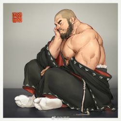Rule 34 | 1boy, arm hair, bald, bara, bare pectorals, beard, chinese commentary, crossed legs, elbow rest, facial hair, from side, full body, japanese clothes, kimono, large pectorals, male focus, mature male, muscular, muscular male, nipples, off shoulder, open clothes, open kimono, original, pectorals, short hair, smile, socks, solo, thick eyebrows, tooboshoo