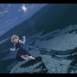 Rule 34 | 1girl, blonde hair, cloud, dutch angle, embodiment of scarlet devil, female focus, field, flying, from above, highres, landscape, letterboxed, lights, moon, nature, night, outdoors, red eyes, ribbon, rumia, rural, scenery, short hair, sky, solo, takuzui, touhou, village
