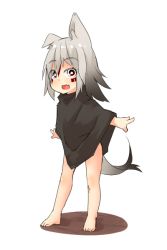 Rule 34 | 1girl, :d, akasha (syakoba), animal ears, barefoot, child, facepaint, fang, full body, gradient hair, grey hair, long hair, looking at viewer, multicolored hair, open mouth, original, poncho, shako (syakoba3), simple background, smile, tail, white background, wolf ears, wolf tail