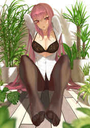Rule 34 | 1girl, arms up, black bra, black panties, black pantyhose, blurry, blurry foreground, bra, breasts, cleavage, crotch seam, depth of field, fate/grand order, fate (series), feet, foreshortening, highres, indoors, large breasts, long hair, looking at viewer, navel, open clothes, open shirt, panties, panties under pantyhose, pantyhose, parted lips, partially unbuttoned, plant, purple hair, red eyes, scathach (fate), sidelocks, sitting, solo, throtem, toes, underwear, underwear only, very long hair