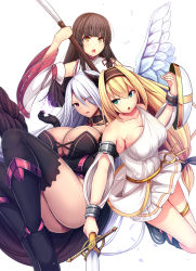 Rule 34 | 3girls, angel, angel wings, black hair, blonde hair, breasts, brown eyes, chestnut mouth, cleavage, daiaru, demon girl, green eyes, highres, japanese clothes, kill time communication, large breasts, long hair, miko, multiple girls, original, red eyes, shield, simple background, sword, thighhighs, thighlet, weapon, white hair, wings