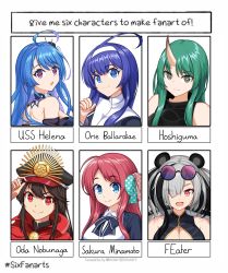 Rule 34 | 6+girls, absurdres, arknights, azur lane, blue eyes, blue hair, bow, brown eyes, commentary, copyright request, cowlick, earrings, english commentary, eyewear on head, fate (series), feater (arknights), green hair, hair bow, headband, helena (azur lane), helena (may i have this dance?) (azur lane), highres, horns, hoshiguma (arknights), jewelry, minamoto sakura, mouhantain, multiple drawing challenge, multiple girls, oda nobunaga, oda nobunaga (fate), oda nobunaga (koha-ace), orie ballardiae harada, purple eyes, red eyes, red hair, single horn, six fanarts challenge, sunglasses, sunglasses on head, under night in-birth, v-shaped eyebrows, white headband, zombie, zombie land saga