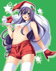 Rule 34 | 1girl, blue eyes, blue hair, blush, breasts, christmas, commentary request, cowboy shot, crop top, denim, denim shorts, fur-trimmed gloves, fur trim, gloves, green background, hat, holding, holding sack, holly hat ornament, long hair, looking at viewer, medium breasts, midriff, navel, open mouth, original, over shoulder, red gloves, red shorts, sack, santa gloves, santa hat, shirt, short shorts, shorts, simple background, sleeveless, sleeveless shirt, smile, solo, standing, star (symbol), starry background, thighhighs, underboob, white thighhighs, yuuki homura