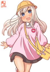 Rule 34 | 1girl, alternate costume, artist logo, bag, black skirt, blonde hair, blue eyes, commentary request, cowboy shot, dated, hat, highres, kanon (kurogane knights), kantai collection, kindergarten bag, kindergarten uniform, long hair, long sleeves, name tag, one-hour drawing challenge, pleated skirt, ro-500 (kancolle), school hat, simple background, skirt, smock, solo, tan, white background, yellow hat