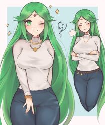 Rule 34 | 1girl, puff of air, alternate costume, blush, breasts, casual, circlet, closed eyes, crossed arms, denim, forehead jewel, green eyes, green hair, grey shirt, highres, jeans, jewelry, kid icarus, kid icarus uprising, large breasts, long hair, long sleeves, necklace, nintendo, one eye closed, palutena, pants, parted bangs, purrlucii, shirt, solo, sweater, v-shaped eyebrows, very long hair, white shirt, white sweater