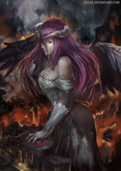 Rule 34 | 1girl, albedo (overlord), black hair, cglas, dress, elbow gloves, gloves, horns, long hair, looking at viewer, lava, overlord (maruyama), single horn, solo, white dress, white gloves, wings, yellow eyes