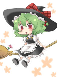 Rule 34 | 1girl, :o, bow, broom, broom riding, chibi, cosplay, female focus, green hair, hair bow, hat, kazami yuuka, kirisame marisa, kirisame marisa (cosplay), mokku, plaid, red eyes, short hair, sidesaddle, sketch, solo, touhou, witch hat